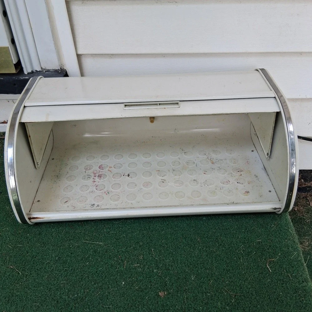 Vintage MCM Metal White Enamel Chrome Rolltop Bread Box Rockabilly Shabby